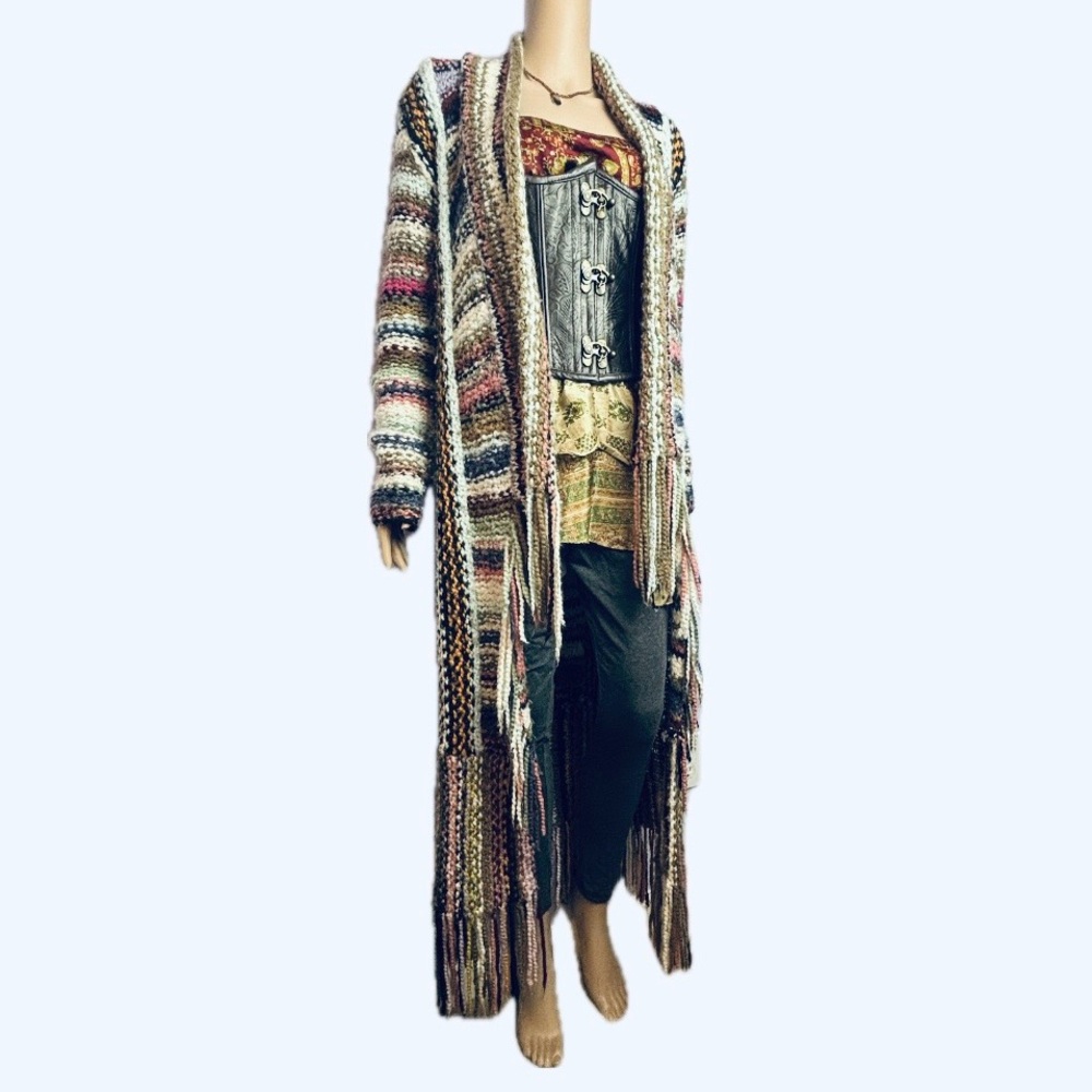 Free People T Party Cardigan Duster Multi Color Knit Fringe Coat of Many Colors - Picture 2 of 9